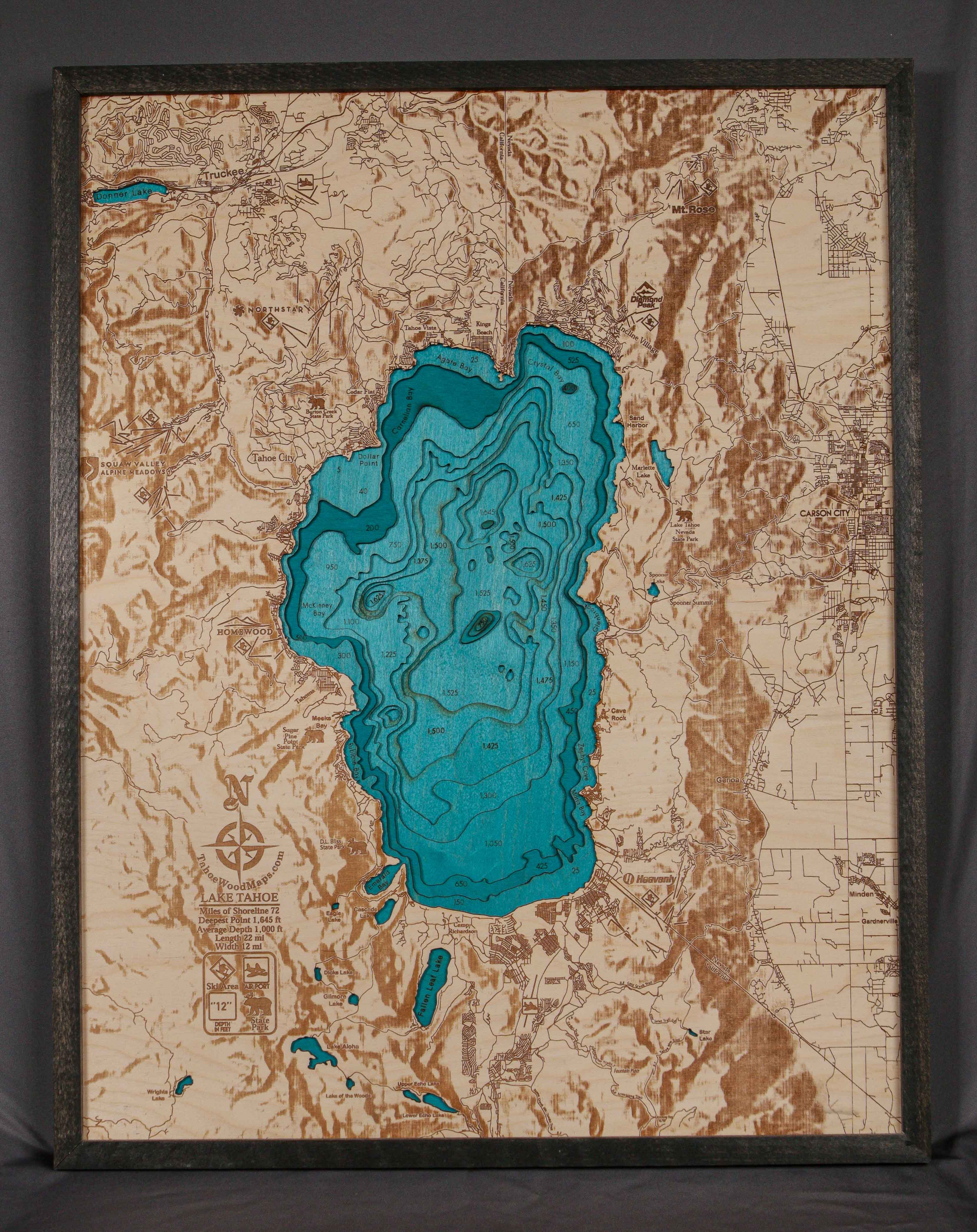 Lake Tahoe Hillshade 3D Wood Map – Tahoe Wood Maps